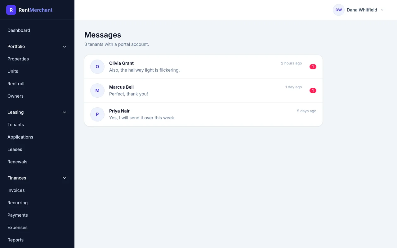 Message threads with tenants, with unread messages flagged.