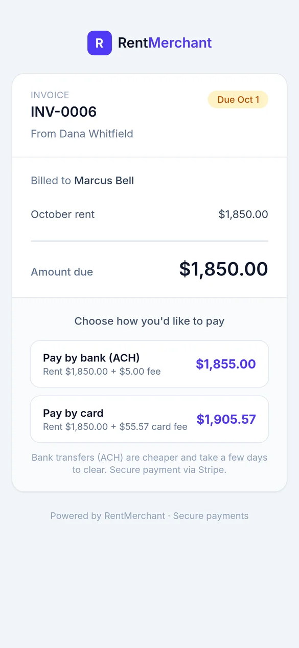 The tenant pay screen on a phone, with the fee for bank transfer and for card shown before paying.
