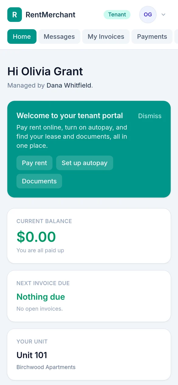 The RentMerchant tenant portal on a phone: current balance, next invoice due, the unit, and buttons to pay rent, set up autopay, and view documents.